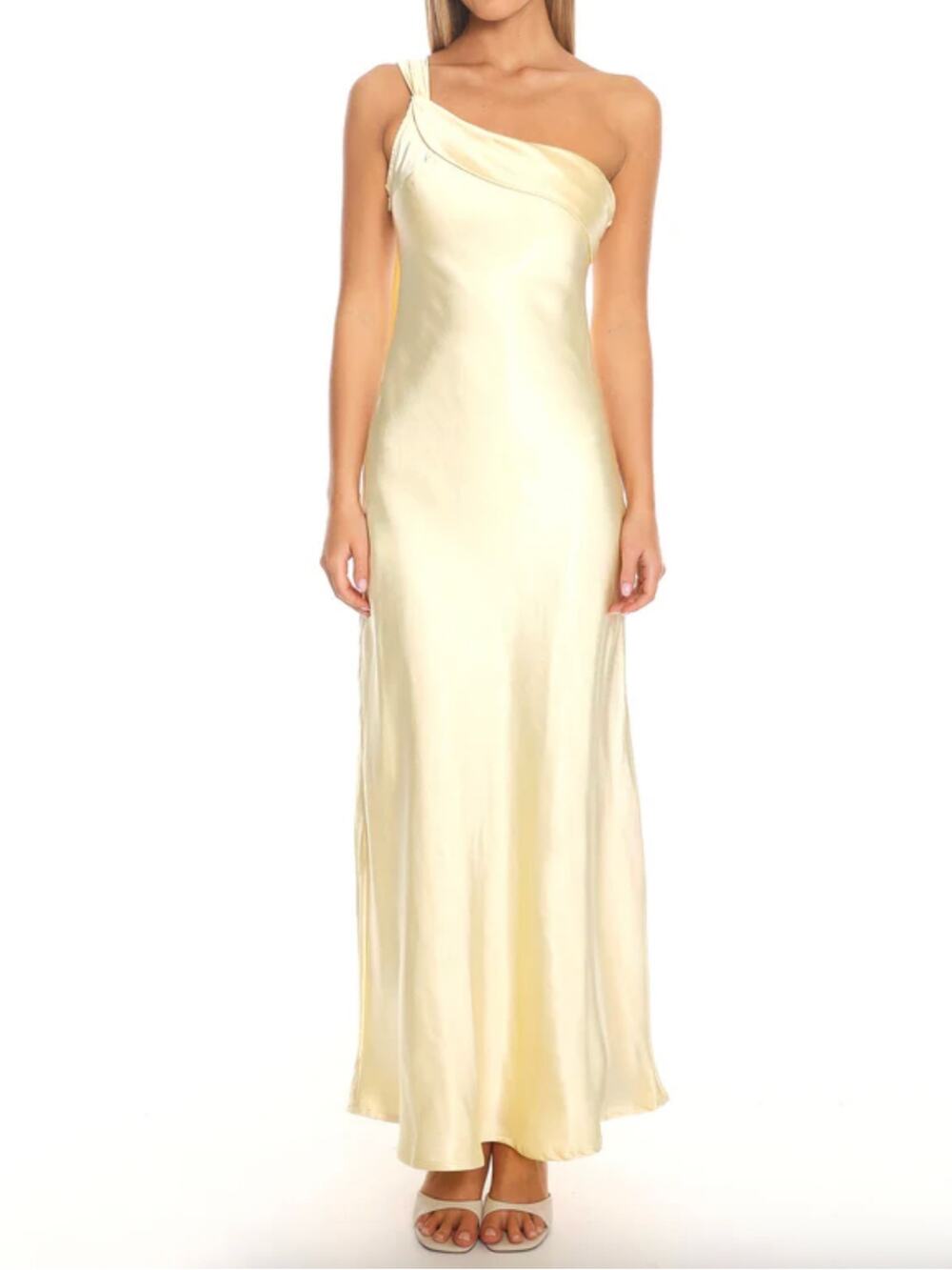 Showpo Butter Yellow Satin One Shoulder Maxi Dress Medium Wedding Guest Formal